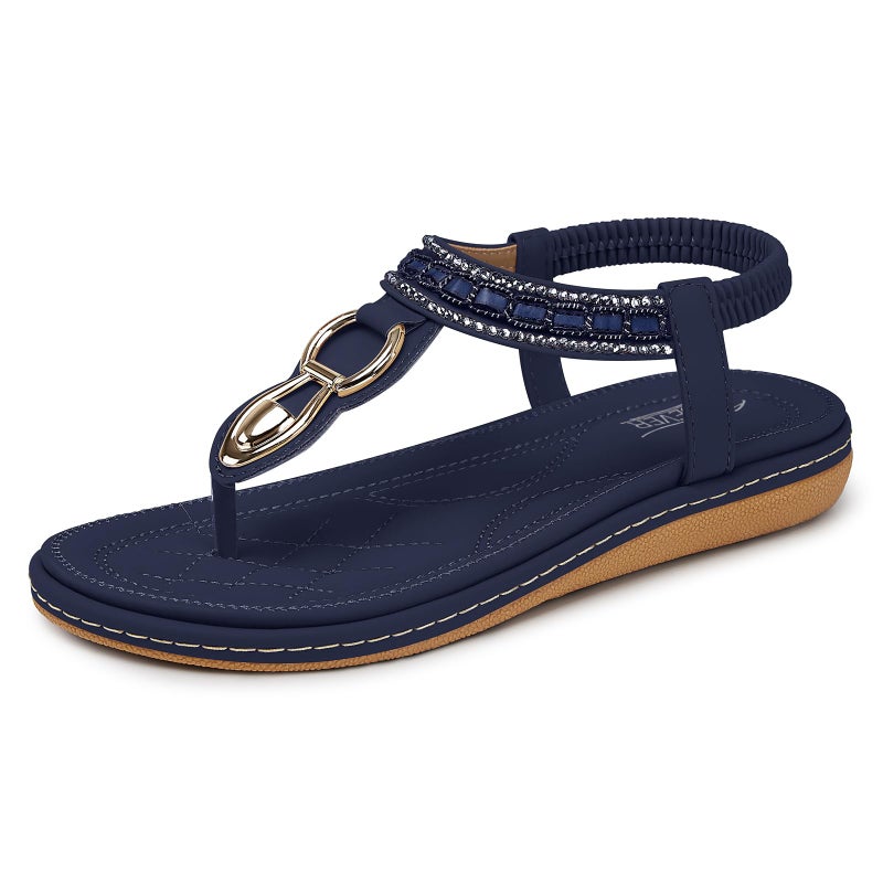 SHIBEVER Dressy Sandals for Women Comfortable: Summer Navy Blue Ladies Casual Bohemian Size 8.5 Flat - Comfort Elastic Strap Women Sandal - Image 1
